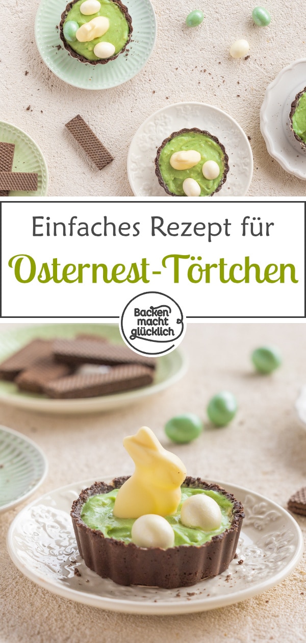 Kleine No Bake Ostertörtchen mit Schoko-Knusperboden und sahniger Vanille-Pudding-Creme: Diese Mini-Tartes verursachen wenig Aufwand und trotzdem bekommt ihr ein tolles Ergebnis!