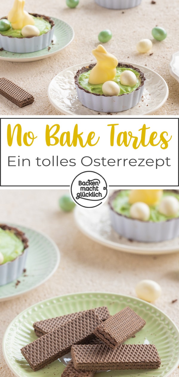 Kleine No Bake Ostertörtchen mit Schoko-Knusperboden und sahniger Vanille-Pudding-Creme: Diese Mini-Tartes verursachen wenig Aufwand und trotzdem bekommt ihr ein tolles Ergebnis!