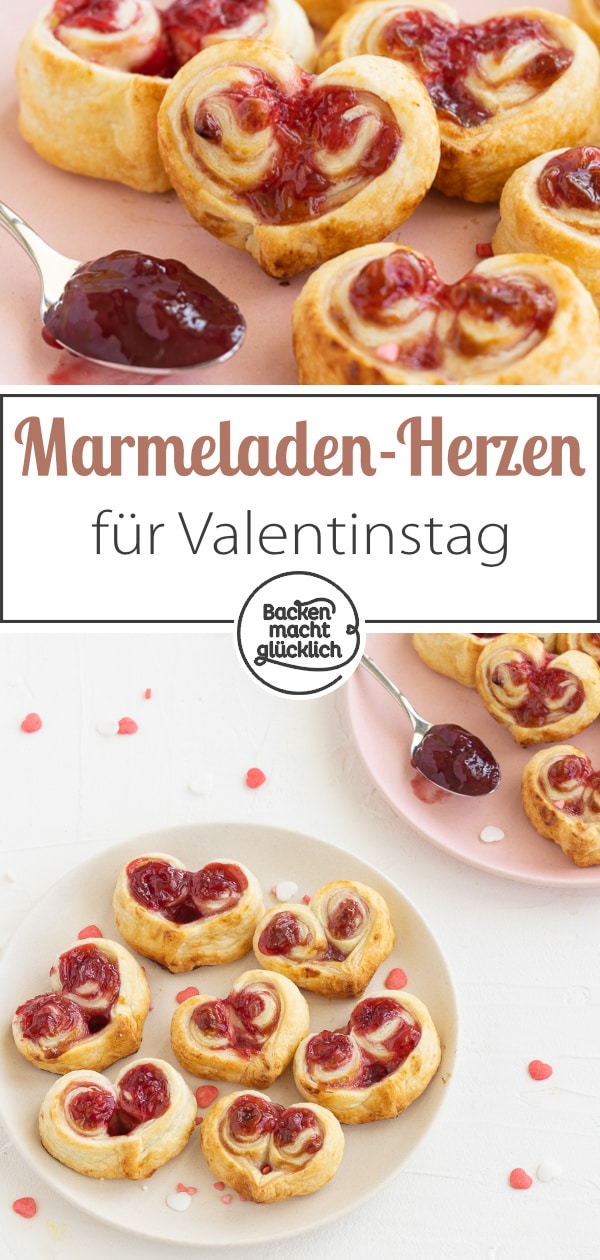 Einfaches Rezept für gefüllte Blätterteig-Marmelade-Herzen aus nur 2 Zutaten. Perfekt für Muttertag & Valentinstag.