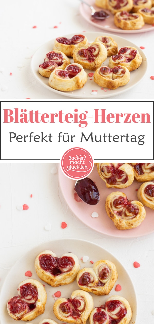 Einfaches Rezept für gefüllte Blätterteig-Marmelade-Herzen aus nur 2 Zutaten. Perfekt für Muttertag & Valentinstag.