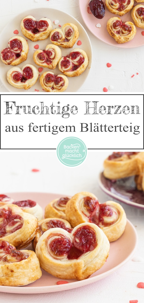 Einfaches Rezept für gefüllte Blätterteig-Marmelade-Herzen aus nur 2 Zutaten. Perfekt für Muttertag & Valentinstag.