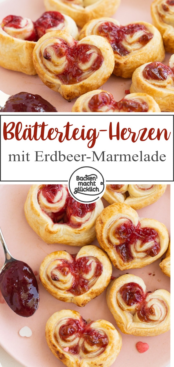 Einfaches Rezept für gefüllte Blätterteig-Marmelade-Herzen aus nur 2 Zutaten. Perfekt für Muttertag & Valentinstag.