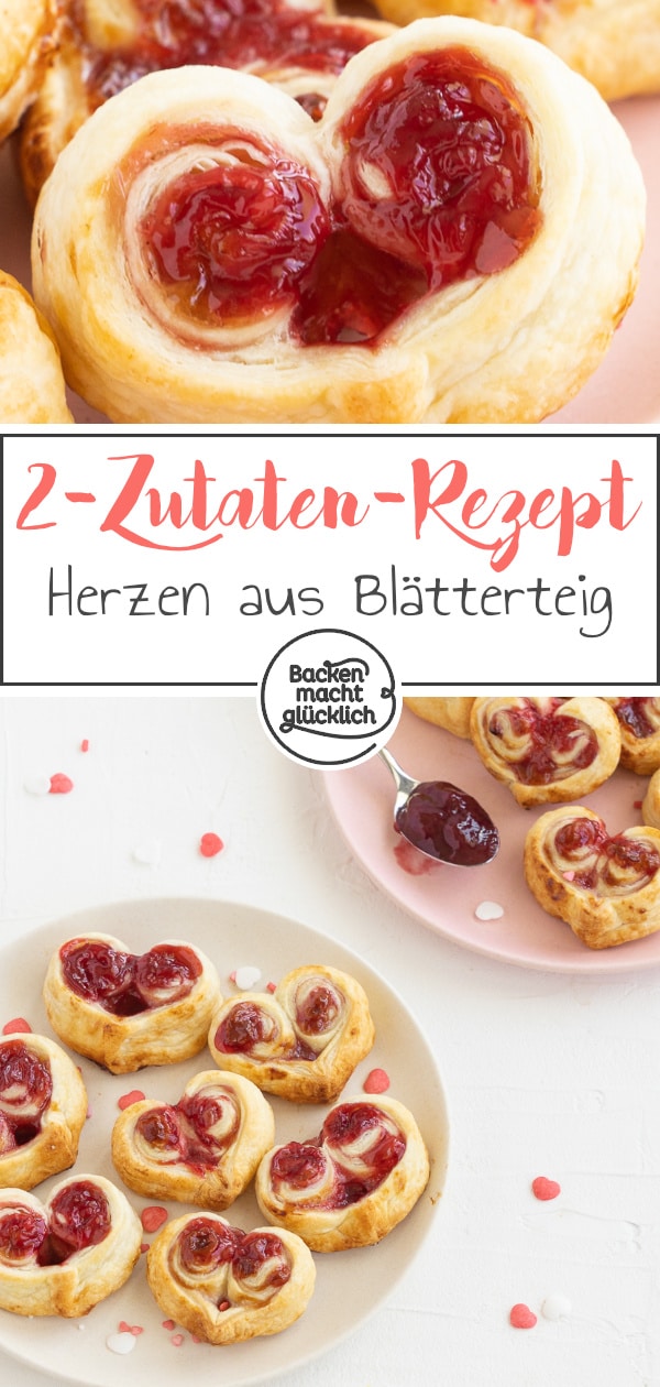 Einfaches Rezept für gefüllte Blätterteig-Marmelade-Herzen aus nur 2 Zutaten. Perfekt für Muttertag & Valentinstag.