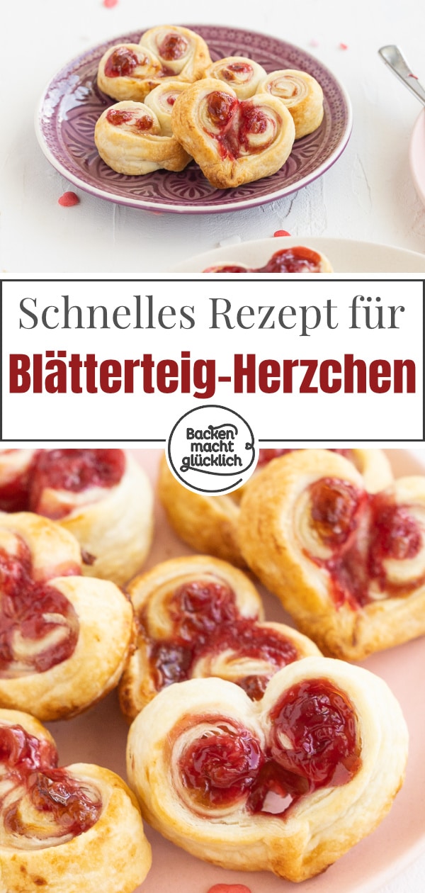 Einfaches Rezept für gefüllte Blätterteig-Marmelade-Herzen aus nur 2 Zutaten. Perfekt für Muttertag & Valentinstag.