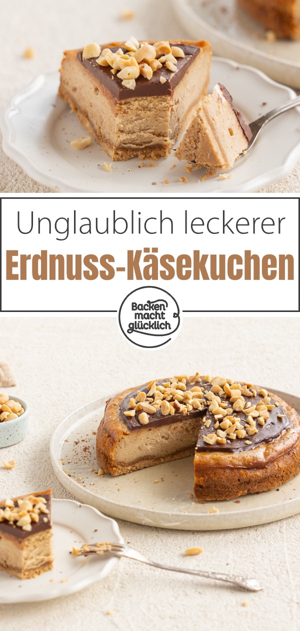 Dieser amerikanische Käsekuchen mit Peanutbutter, Knusperboden und Ganache schmeckt einfach umwerfend! Mit diesem Rezept gelingt euch der cremige Erdnussbutter-Cheesecake garantiert.