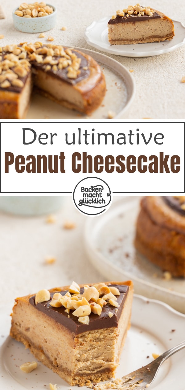 Dieser amerikanische Käsekuchen mit Peanutbutter, Knusperboden und Ganache schmeckt einfach umwerfend! Mit diesem Rezept gelingt euch der cremige Erdnussbutter-Cheesecake garantiert.