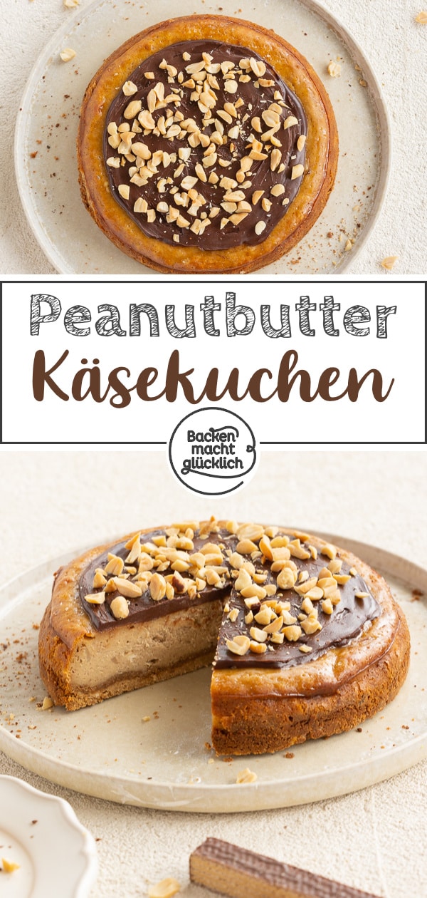 Dieser amerikanische Käsekuchen mit Peanutbutter, Knusperboden und Ganache schmeckt einfach umwerfend! Mit diesem Rezept gelingt euch der cremige Erdnussbutter-Cheesecake garantiert.