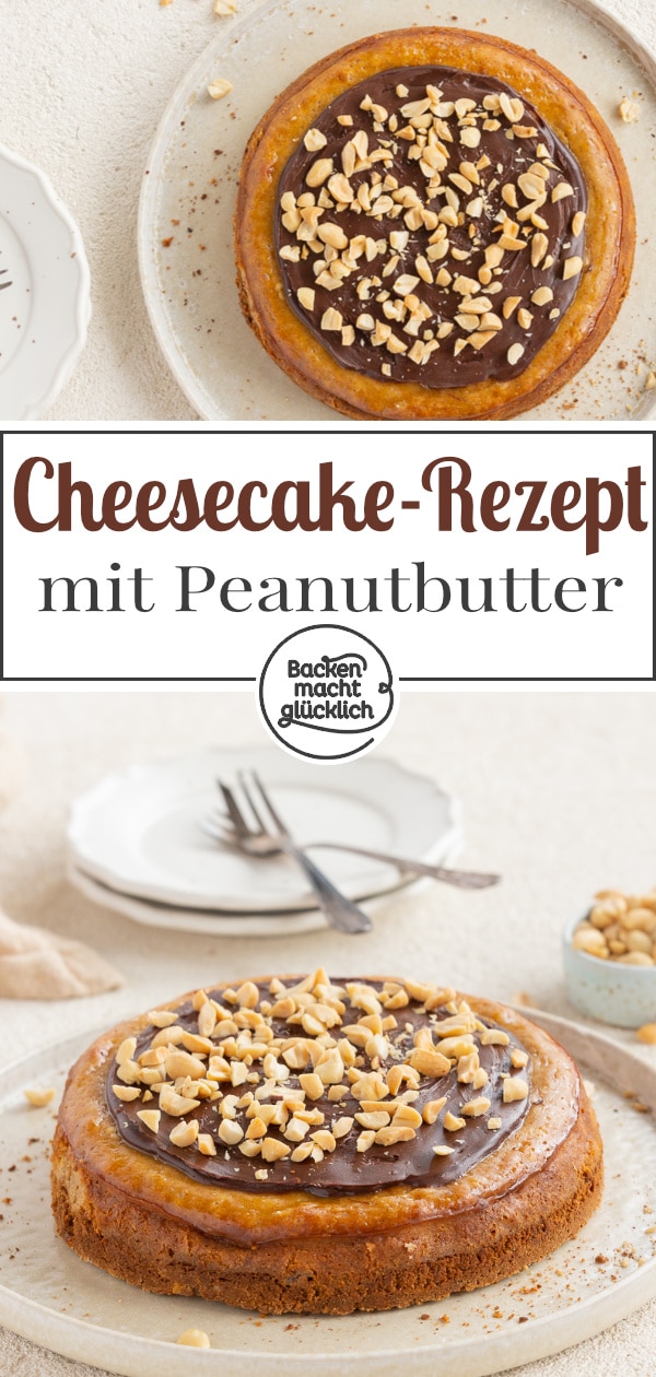 Dieser amerikanische Käsekuchen mit Peanutbutter, Knusperboden und Ganache schmeckt einfach umwerfend! Mit diesem Rezept gelingt euch der cremige Erdnussbutter-Cheesecake garantiert.