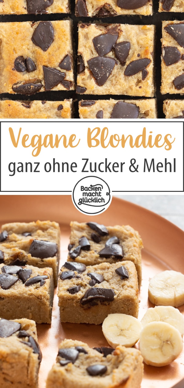 Herrlich fudgy, aromatisch und noch dazu gesund: Diese Blondies ohne Mehl, Butter, Eier, Milch und zugesetzten Zucker sind perfekt für alle, die sich bewusst ernähren