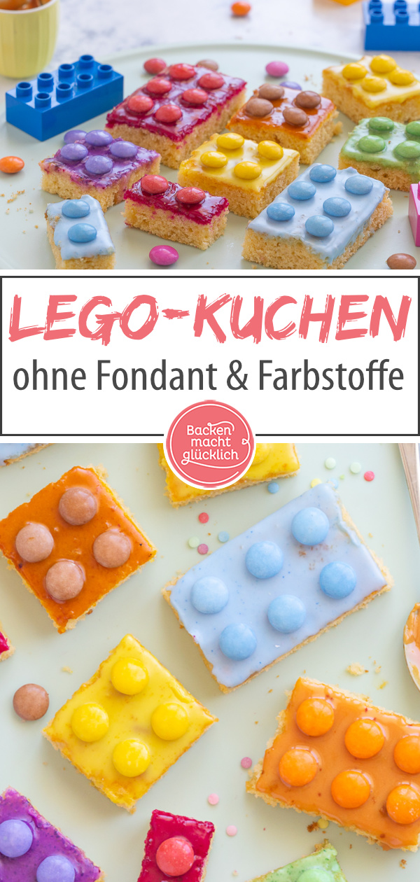 Das beste Rezept für kunterbunten Legokuchen ohne Fondant: Der Bausteinkuchen ist einfach zuzubereiten & kommt ohne künstliche Lebensmittelfarbe aus.