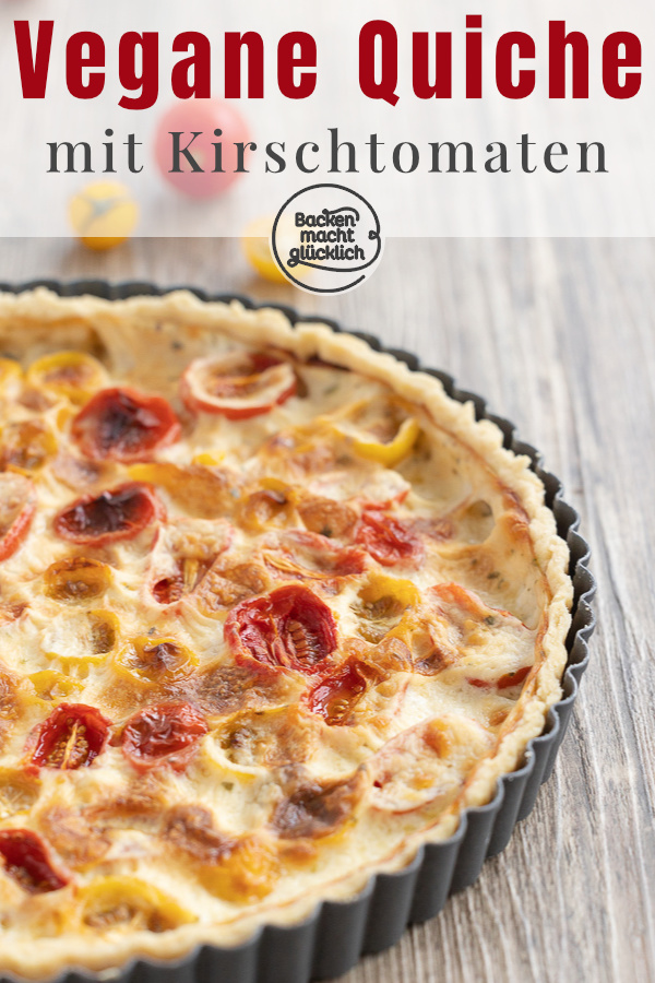 Sommerliche, rein pflanzliche Tomatentarte ohne Ei und Tofu. Die Quiche mit Kirschtomaten ist superlecker und schmeckt nicht nur Veganern.