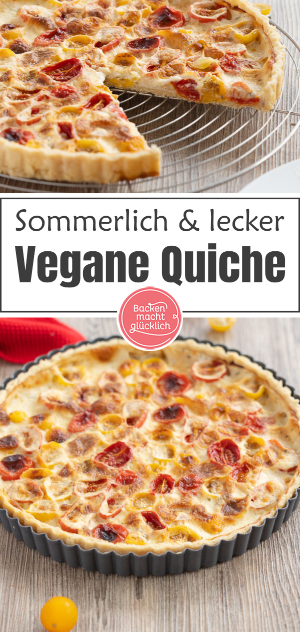 Sommerliche, rein pflanzliche Tomatentarte ohne Ei und Tofu. Die Quiche mit Kirschtomaten ist superlecker und schmeckt nicht nur Veganern.