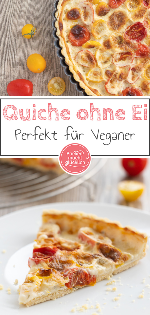 Sommerliche, rein pflanzliche Tomatentarte ohne Ei und Tofu. Die Quiche mit Kirschtomaten ist superlecker und schmeckt nicht nur Veganern.