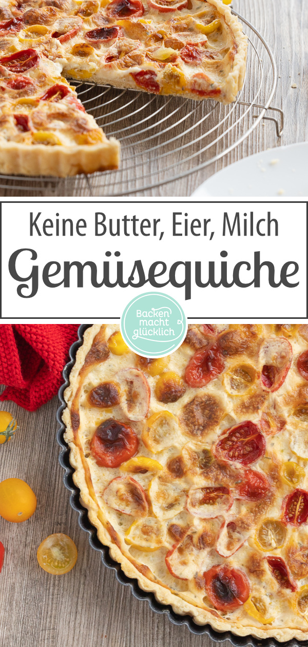 Sommerliche, rein pflanzliche Tomatentarte ohne Ei und Tofu. Die Quiche mit Kirschtomaten ist superlecker und schmeckt nicht nur Veganern.