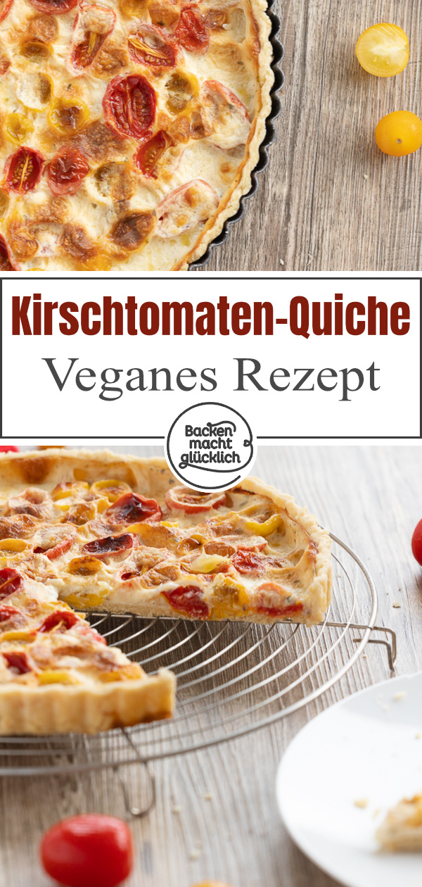 Sommerliche, rein pflanzliche Tomatentarte ohne Ei und Tofu. Die Quiche mit Kirschtomaten ist superlecker und schmeckt nicht nur Veganern.