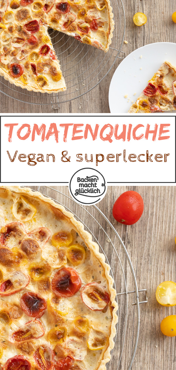 Sommerliche, rein pflanzliche Tomatentarte ohne Ei und Tofu. Die Quiche mit Kirschtomaten ist superlecker und schmeckt nicht nur Veganern.
