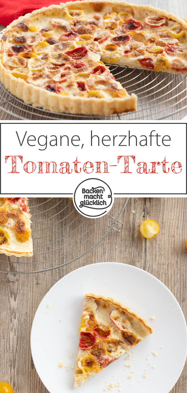 Sommerliche, rein pflanzliche Tomatentarte ohne Ei und Tofu. Die Quiche mit Kirschtomaten ist superlecker und schmeckt nicht nur Veganern.