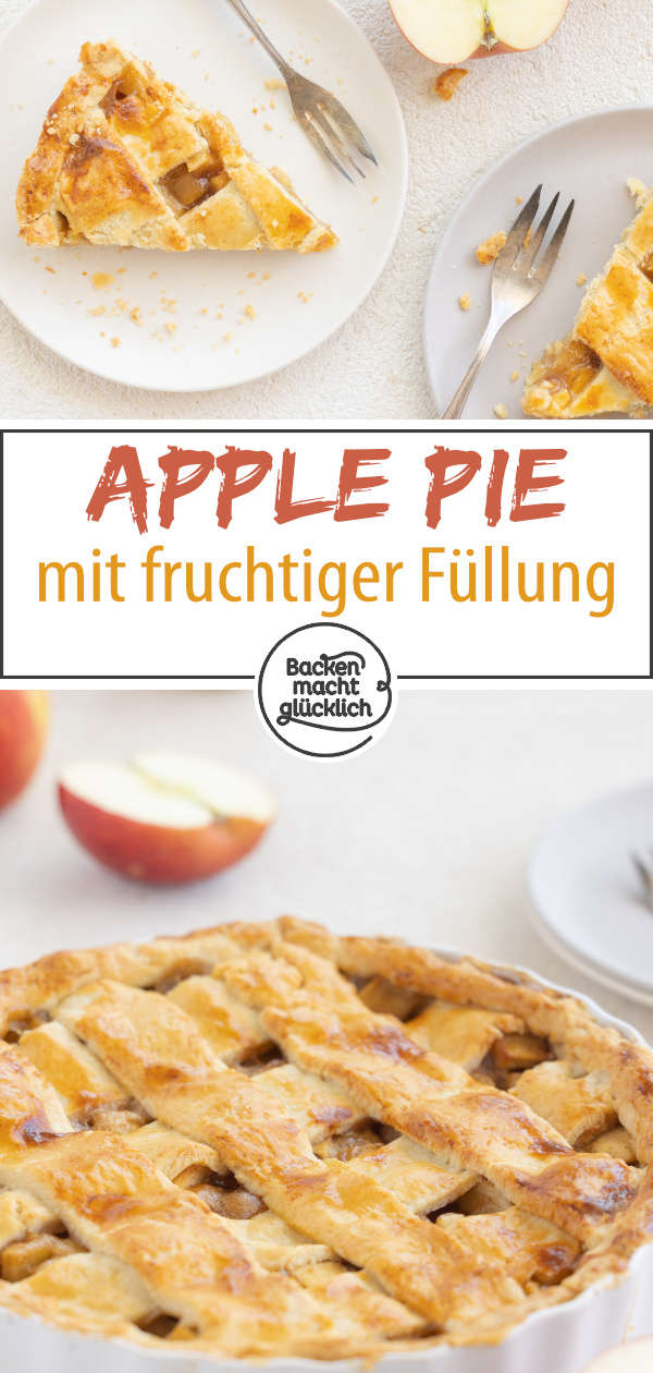 Apple Pie ist einer der bekanntesten Kuchen aus den USA. Zwischen einer fast schon blättrigen Teigkruste steckt in diesem amerikanischen Kuchenklassiker eine fruchtige Füllung mit Äpfeln und Zimt.