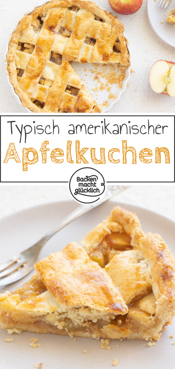 Apple Pie ist einer der bekanntesten Kuchen aus den USA. Zwischen einer fast schon blättrigen Teigkruste steckt in diesem amerikanischen Kuchenklassiker eine fruchtige Füllung mit Äpfeln und Zimt.