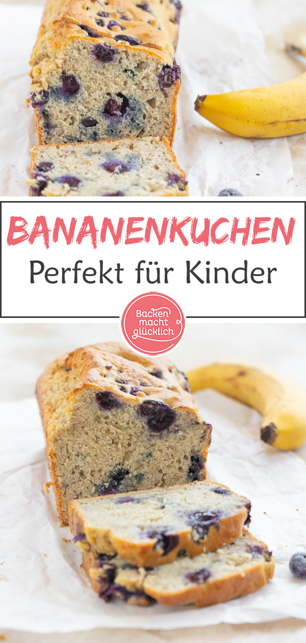 Saftiger gesunder Bananen-Beeren-Kuchen ohne Zucker. Das perfekte Bananenbrot mit Blaubeeren ist perfekt für Kinder & Erwachsene.