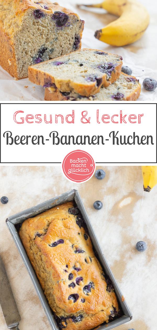 Saftiger gesunder Bananen-Beeren-Kuchen ohne Zucker. Das perfekte Bananenbrot mit Blaubeeren ist perfekt für Kinder & Erwachsene.