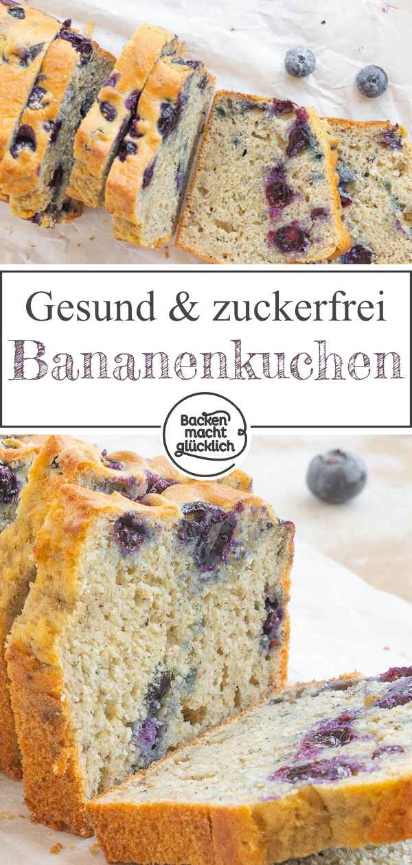 Saftiger gesunder Bananen-Beeren-Kuchen ohne Zucker. Das perfekte Bananenbrot mit Blaubeeren ist perfekt für Kinder & Erwachsene.