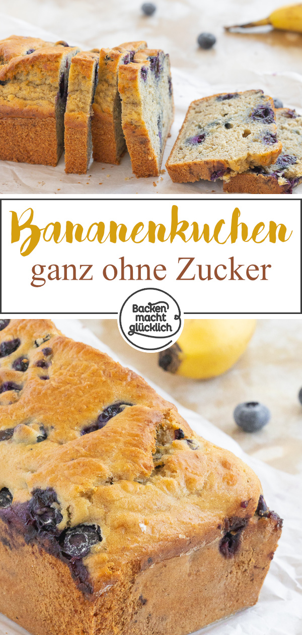 Saftiger gesunder Bananen-Beeren-Kuchen ohne Zucker. Das perfekte Bananenbrot mit Blaubeeren ist perfekt für Kinder & Erwachsene.