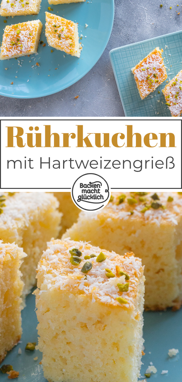 Unglaublich saftiger, getränkter Rührkuchen mit Hartweizengrieß. Dieser Grießkuchen ist einfach zu backen & himmlisch lecker. 