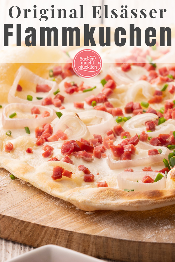 Einfaches Rezept für klassischen Elsässer Flammkuchen ohne Hefe. Der Flammkuchen schmeckt sowohl vegetarisch als auch mit Speck ganz toll.