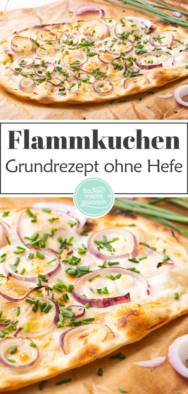 Einfaches Rezept für klassischen Elsässer Flammkuchen ohne Hefe. Der Flammkuchen schmeckt sowohl vegetarisch als auch mit Speck ganz toll.