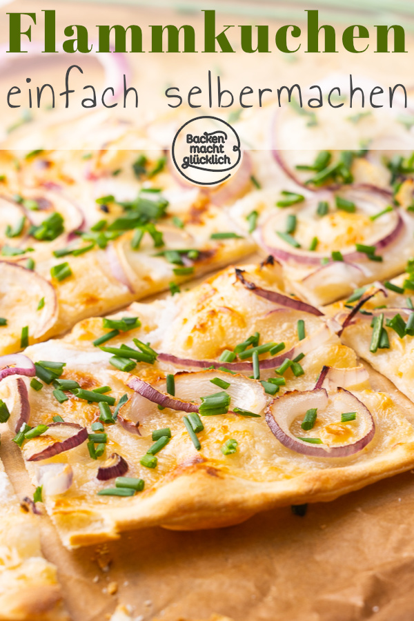 Einfaches Rezept für klassischen Elsässer Flammkuchen ohne Hefe. Der Flammkuchen schmeckt sowohl vegetarisch als auch mit Speck ganz toll.