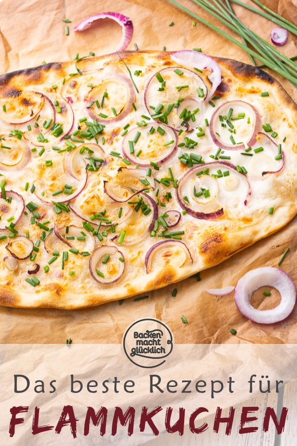 Einfaches Rezept für klassischen Elsässer Flammkuchen ohne Hefe. Der Flammkuchen schmeckt sowohl vegetarisch als auch mit Speck ganz toll.