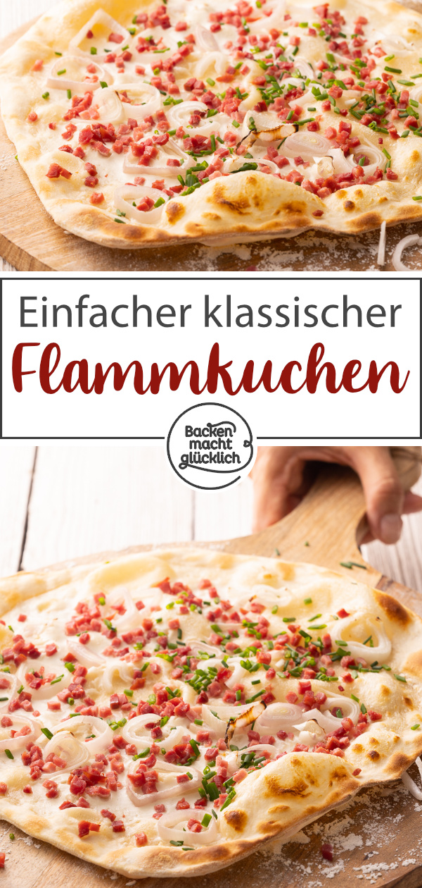 Einfaches Rezept für klassischen Elsässer Flammkuchen ohne Hefe. Der Flammkuchen schmeckt sowohl vegetarisch als auch mit Speck ganz toll.