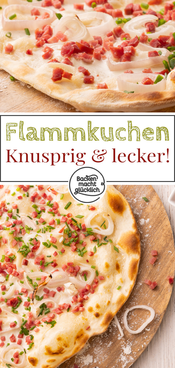 Einfaches Rezept für klassischen Elsässer Flammkuchen ohne Hefe. Der Flammkuchen schmeckt sowohl vegetarisch als auch mit Speck ganz toll.