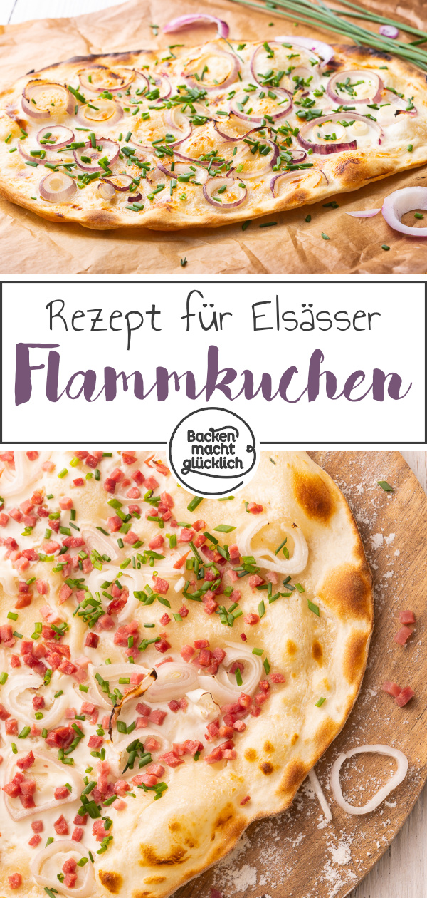 Einfaches Rezept für klassischen Elsässer Flammkuchen ohne Hefe. Der Flammkuchen schmeckt sowohl vegetarisch als auch mit Speck ganz toll.