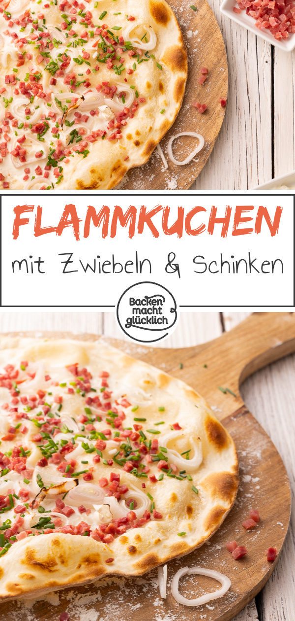 Einfaches Rezept für klassischen Elsässer Flammkuchen ohne Hefe. Der Flammkuchen schmeckt sowohl vegetarisch als auch mit Speck ganz toll.