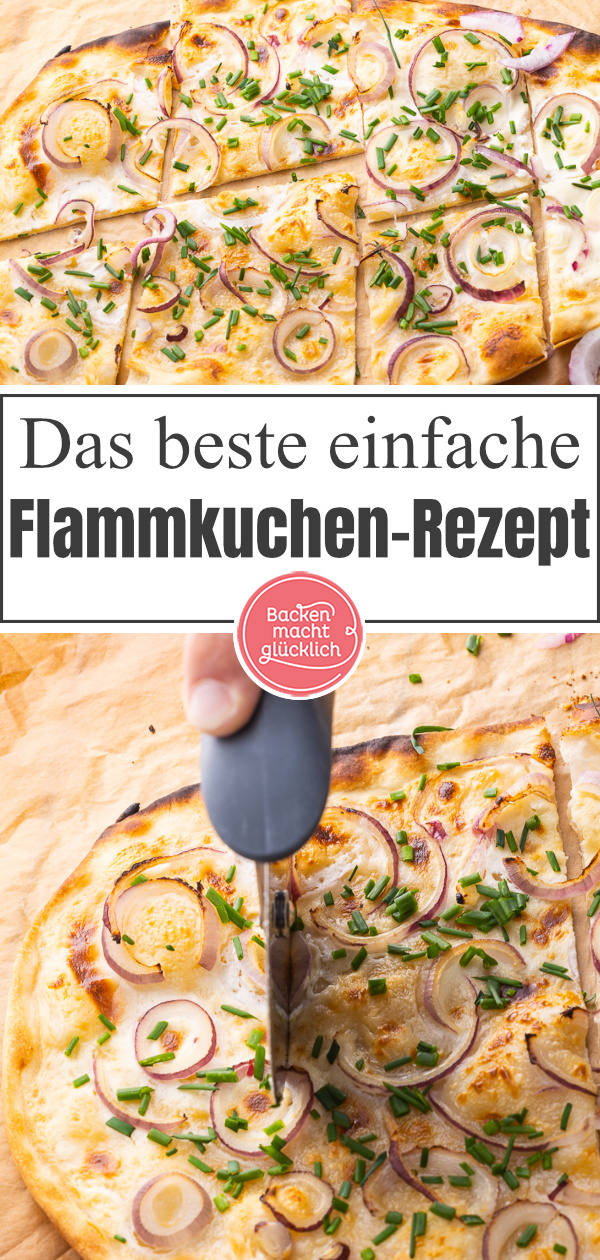 Einfaches Rezept für klassischen Elsässer Flammkuchen ohne Hefe. Der Flammkuchen schmeckt sowohl vegetarisch als auch mit Speck ganz toll.