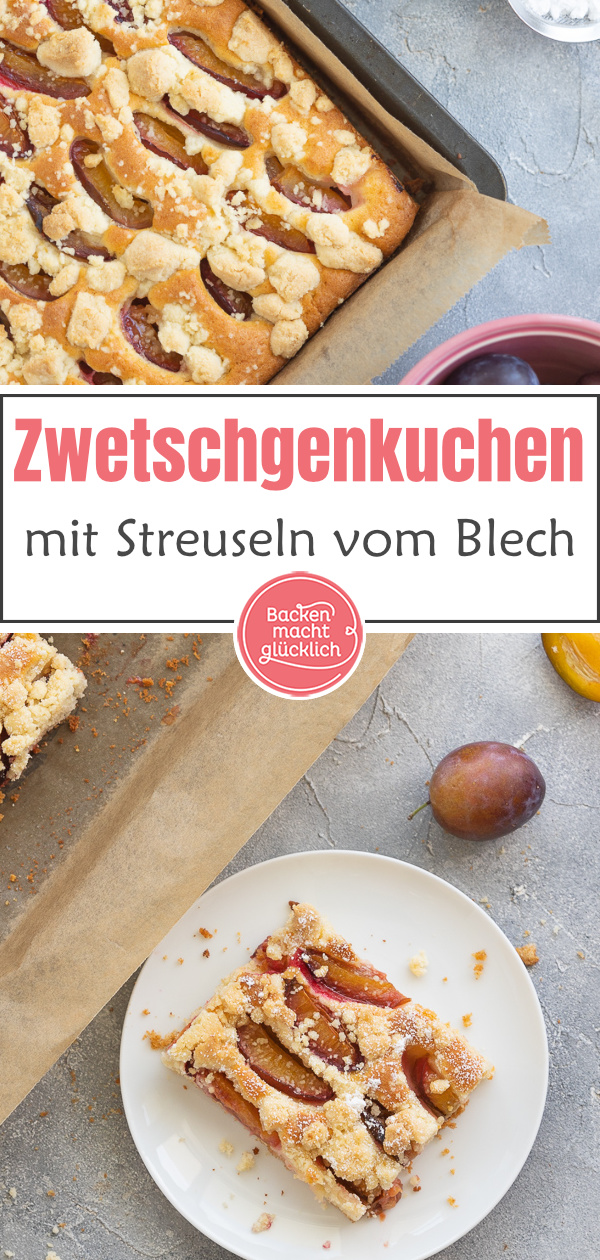 Saftiger Zwetschgenkuchen mit Streuseln & Rührteig: Dieser einfache herbstliche Blechkuchen mit Zwetschgen kommt immer gut an.