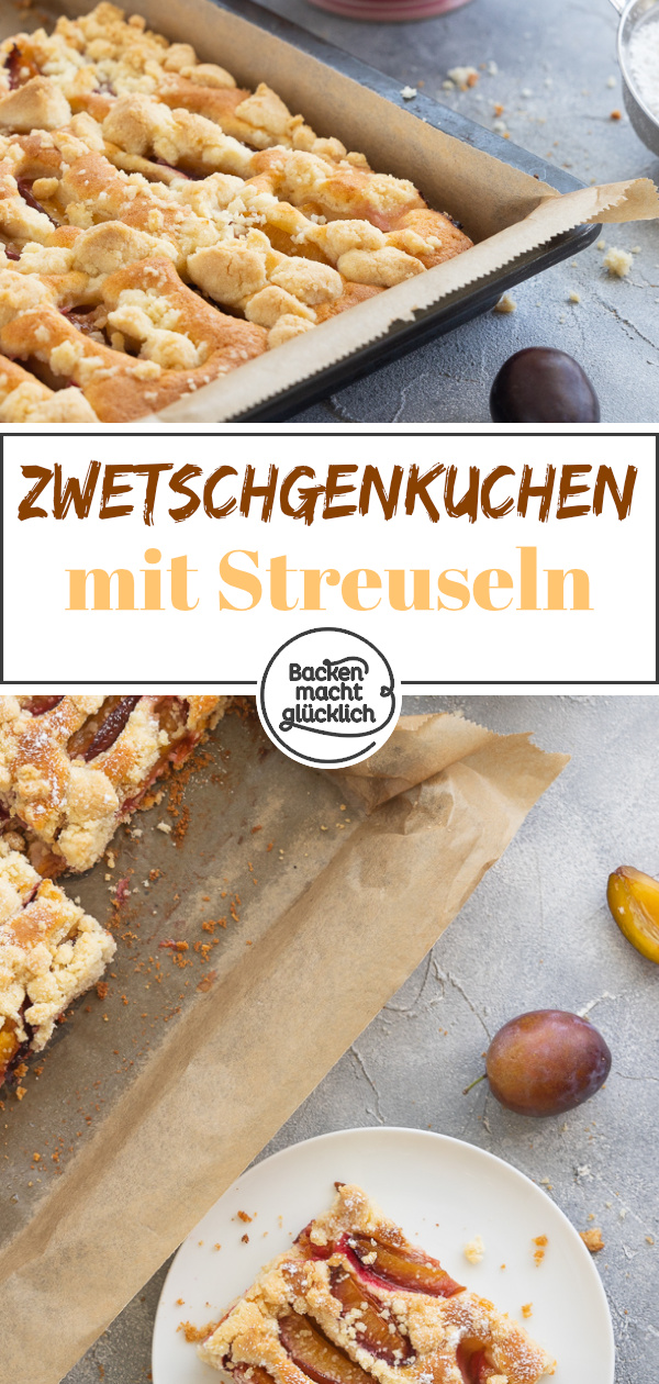 Saftiger Zwetschgenkuchen mit Streuseln & Rührteig: Dieser einfache herbstliche Blechkuchen mit Zwetschgen kommt immer gut an.