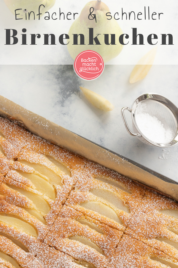 Schön saftig & einfach zu backen: Dieser Birnenkuchen vom Blech mit Rührteig und Schmand kommt immer gut an.