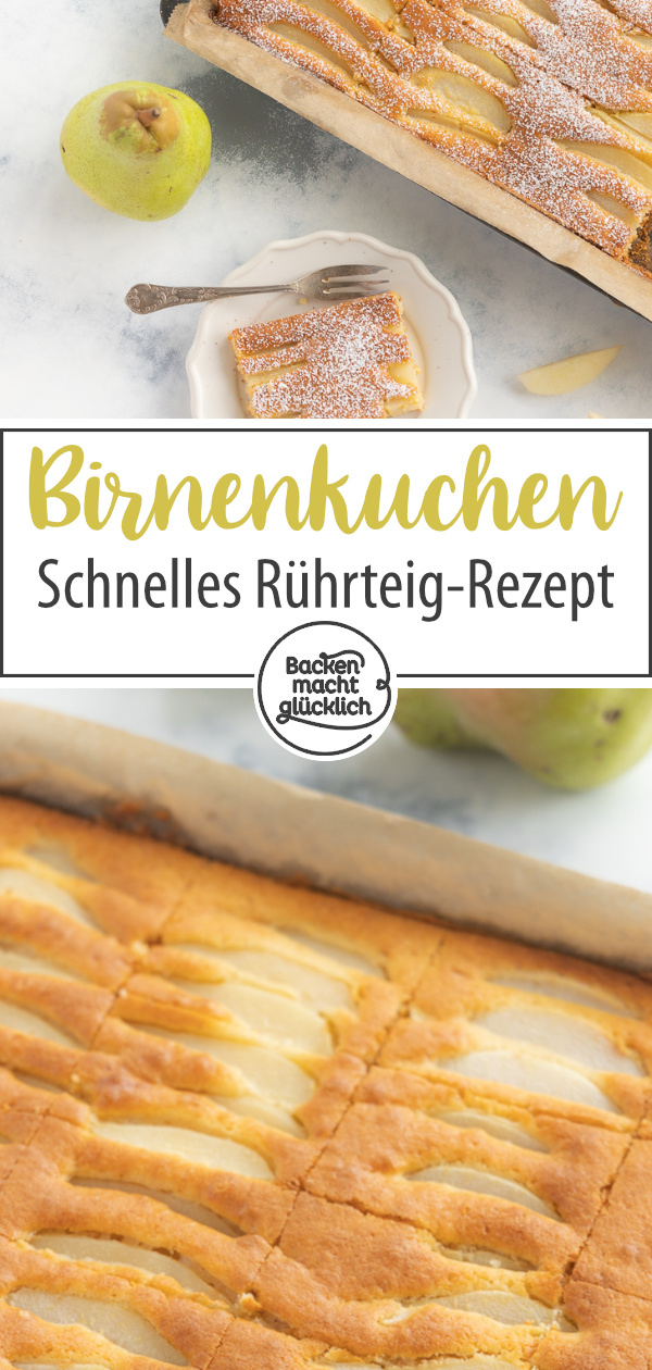 Schön saftig & einfach zu backen: Dieser Birnenkuchen vom Blech mit Rührteig und Schmand kommt immer gut an.