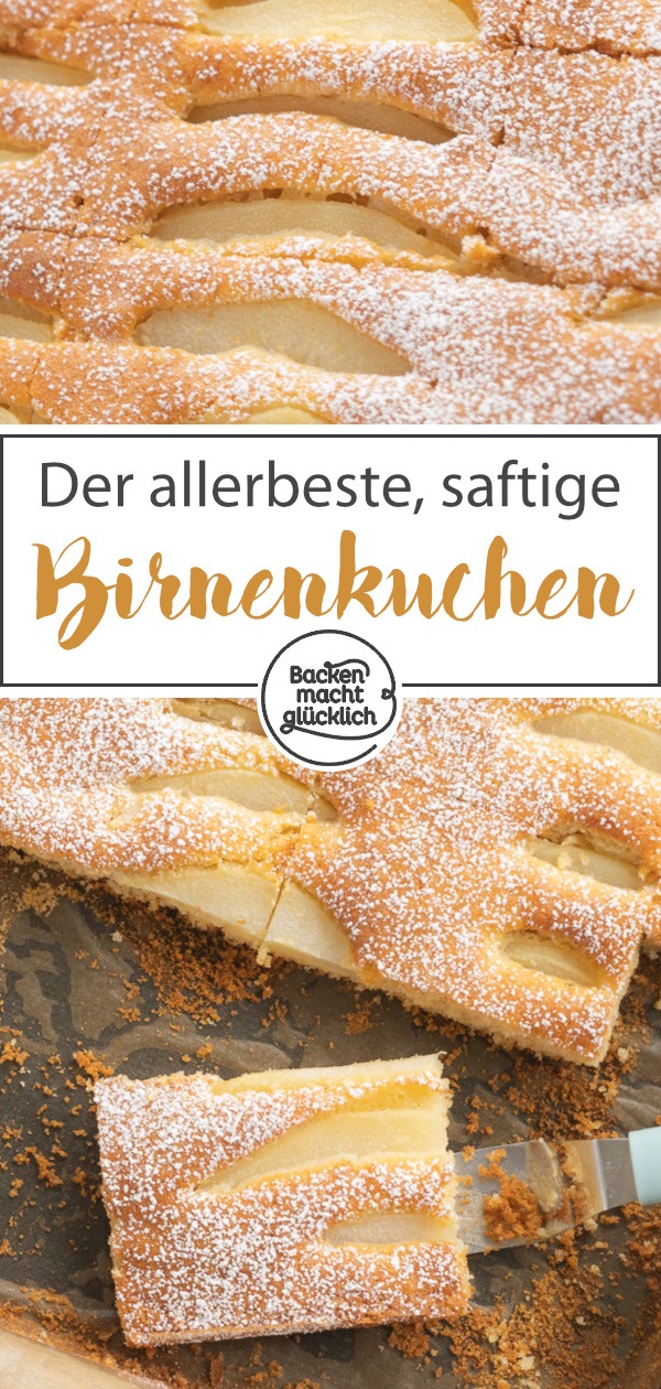 Schön saftig & einfach zu backen: Dieser Birnenkuchen vom Blech mit Rührteig und Schmand kommt immer gut an.