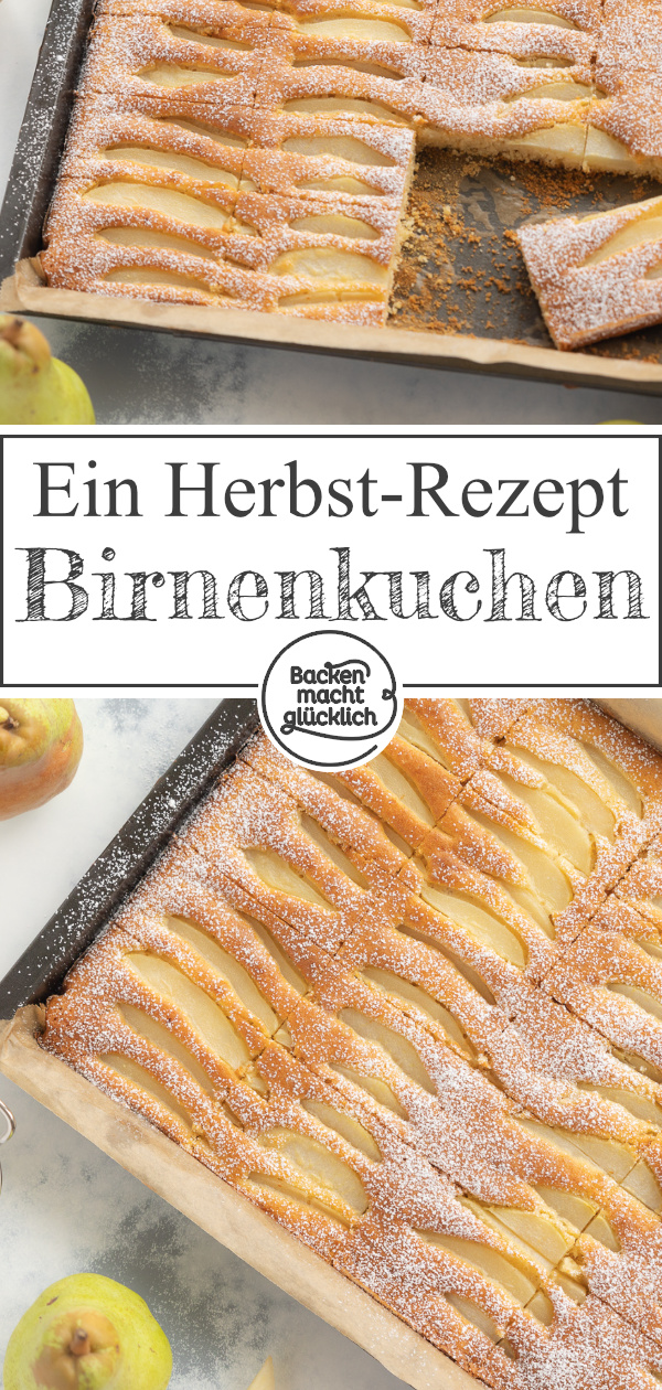 Schön saftig & einfach zu backen: Dieser Birnenkuchen vom Blech mit Rührteig und Schmand kommt immer gut an.