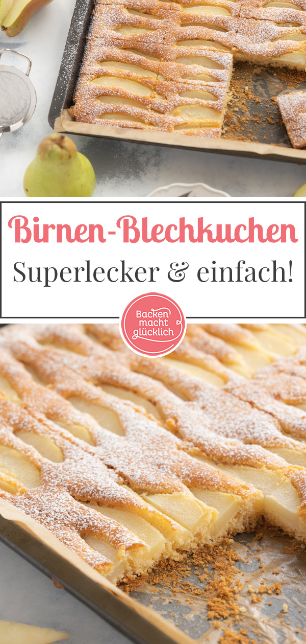 Schön saftig & einfach zu backen: Dieser Birnenkuchen vom Blech mit Rührteig und Schmand kommt immer gut an.