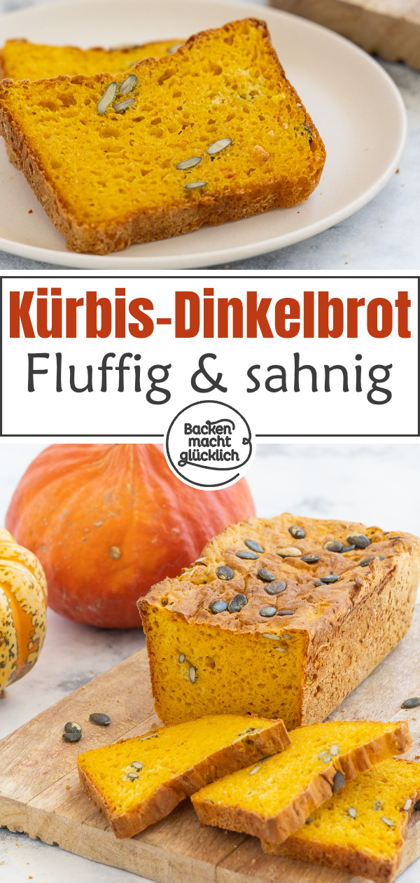 Tolles Kürbisbrot mit Hefeteig. Das Kürbis-Dinkelbrot ist super fluffig, saftig, leuchtend-orange und herbstlich.