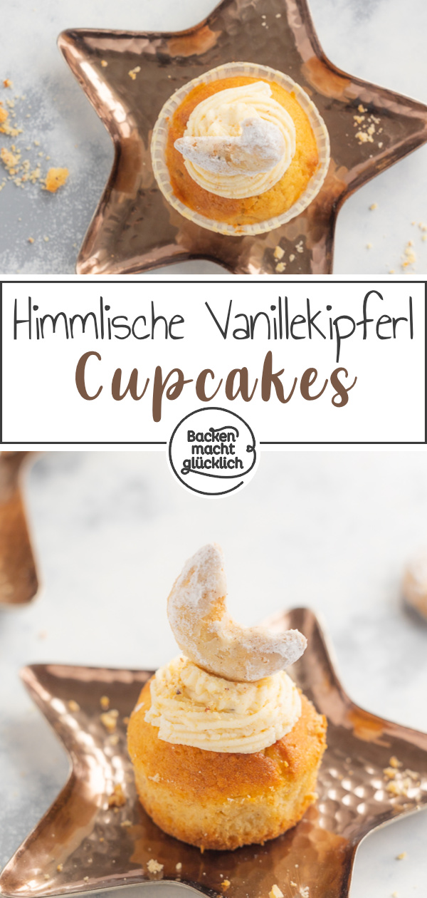 Himmlische Vanillekipferl-Cupcakes mit Frischkäse-Frostig. Diese Weihnachtscupcakes sind die perfekte Kombi aus Plätzchen & Törtchen.