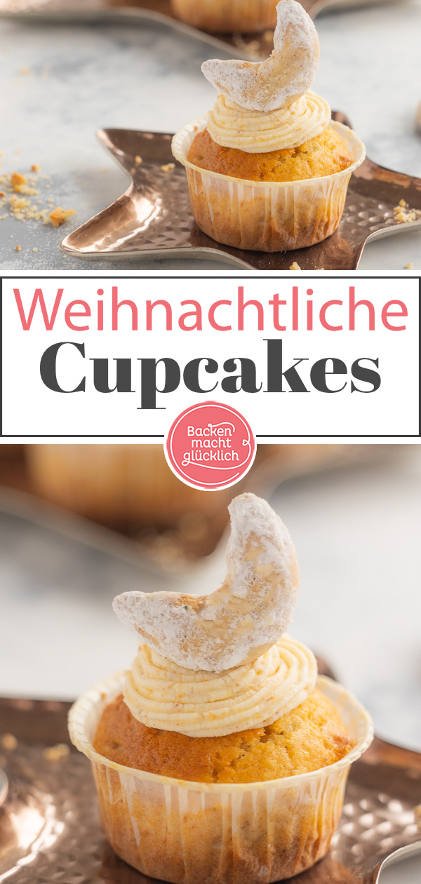 Himmlische Vanillekipferl-Cupcakes mit Frischkäse-Frostig. Diese Weihnachtscupcakes sind die perfekte Kombi aus Plätzchen & Törtchen.