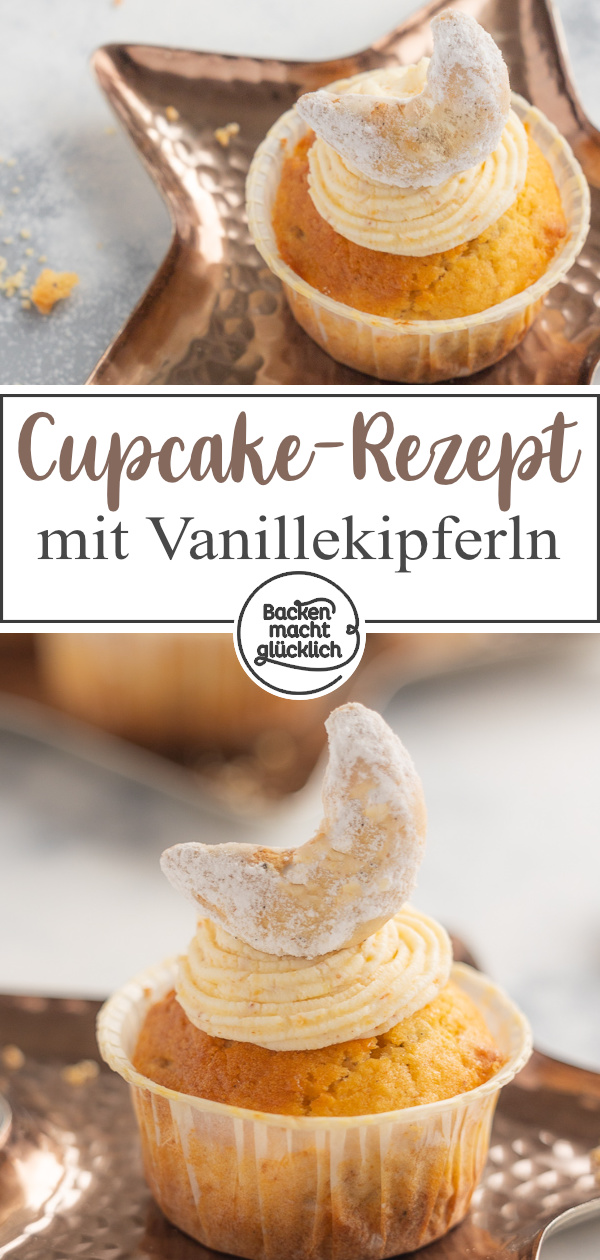 Himmlische Vanillekipferl-Cupcakes mit Frischkäse-Frostig. Diese Weihnachtscupcakes sind die perfekte Kombi aus Plätzchen & Törtchen.