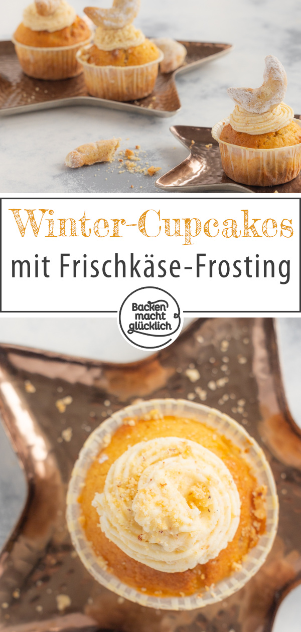 Himmlische Vanillekipferl-Cupcakes mit Frischkäse-Frostig. Diese Weihnachtscupcakes sind die perfekte Kombi aus Plätzchen & Törtchen.