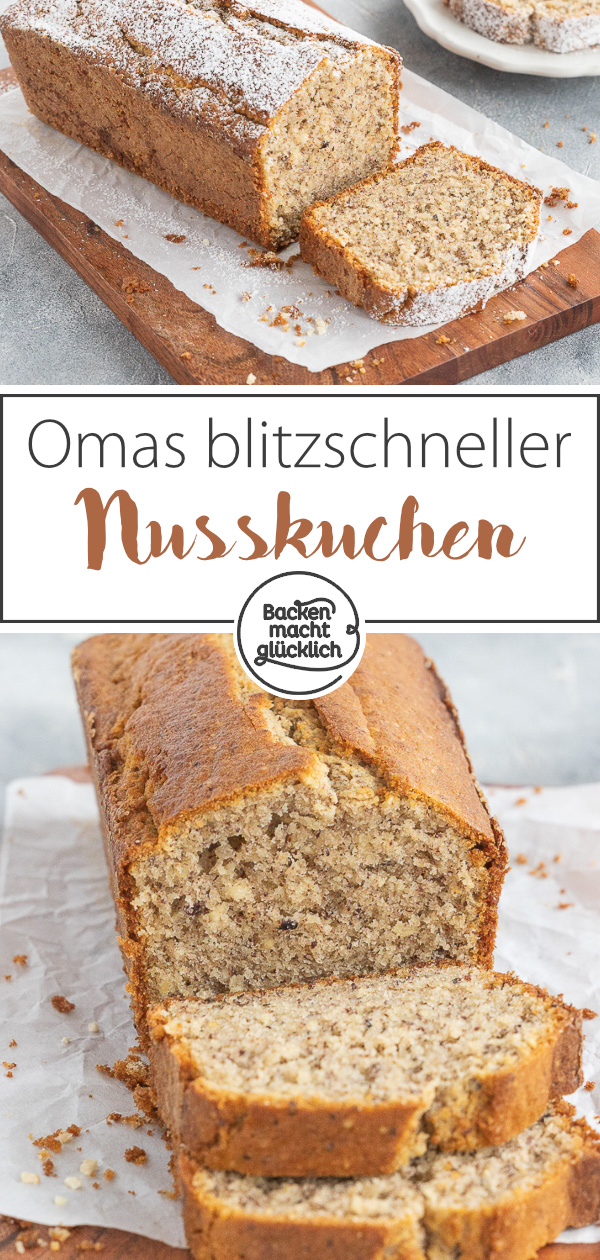 Omas einfaches Rezept für einen saftigen, flaumigen Haselnusskuchen. Aus gutem Grund ist der Nusskuchen ein so beliebter Klassiker!